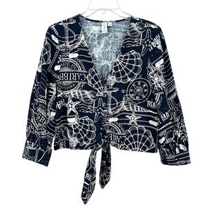 NWOT Joie Button Up Tie Front V-neck Long Balloon Sleeve Nautical Linen Crop Top